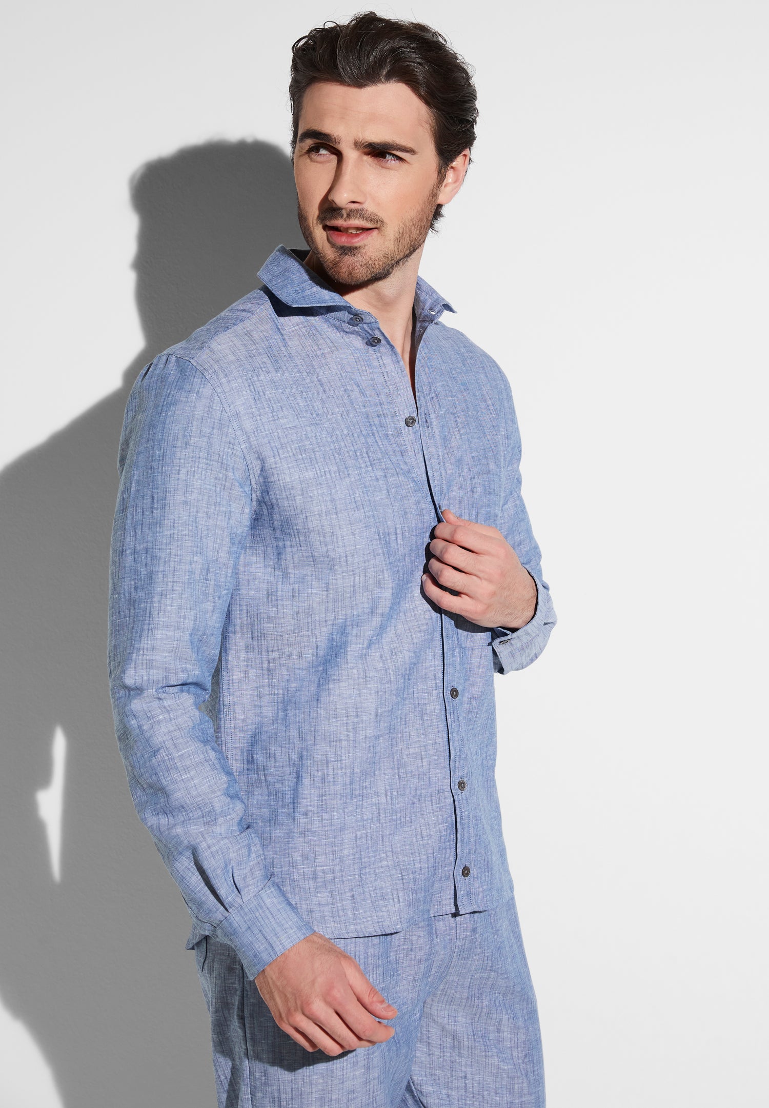 Linen Blend | Durchgeknöpftes Hemd langarm - denim blue